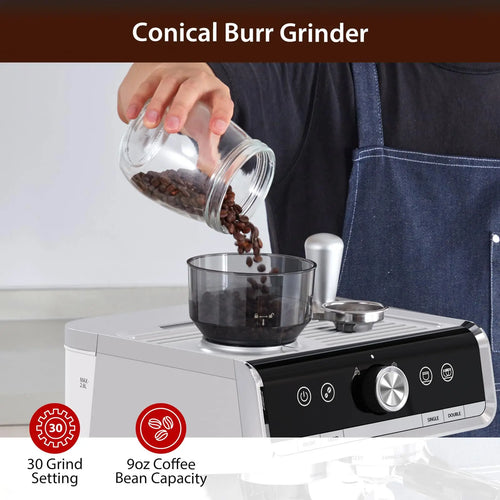 20 Bar Semi-Automatic Coffee Maker Professional Coffee Machine With Bean Grinder & Steam Wand For Home Office