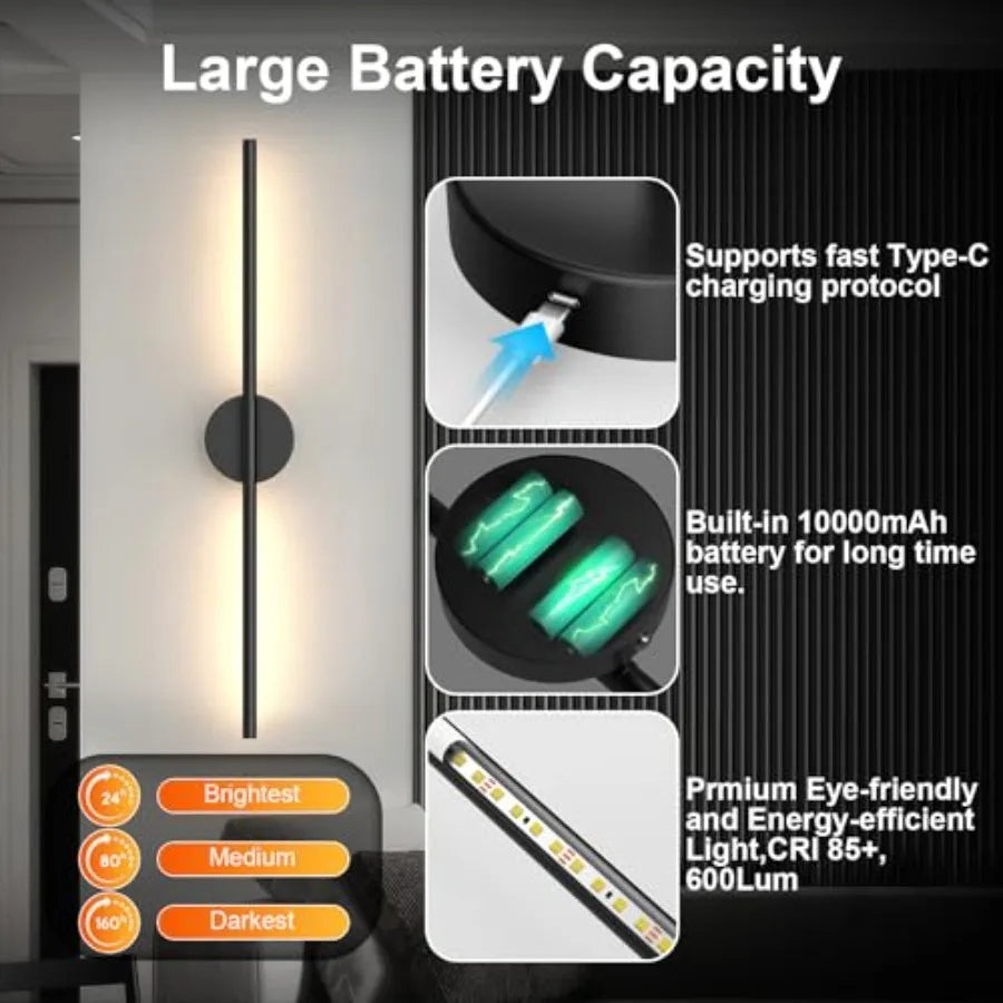 Battery Operated Wall Sconces Set of Two Rechargeable Wall Lights with Remote Control Dimmable 3000K-6000K LED Wall Lamp 360°Ro