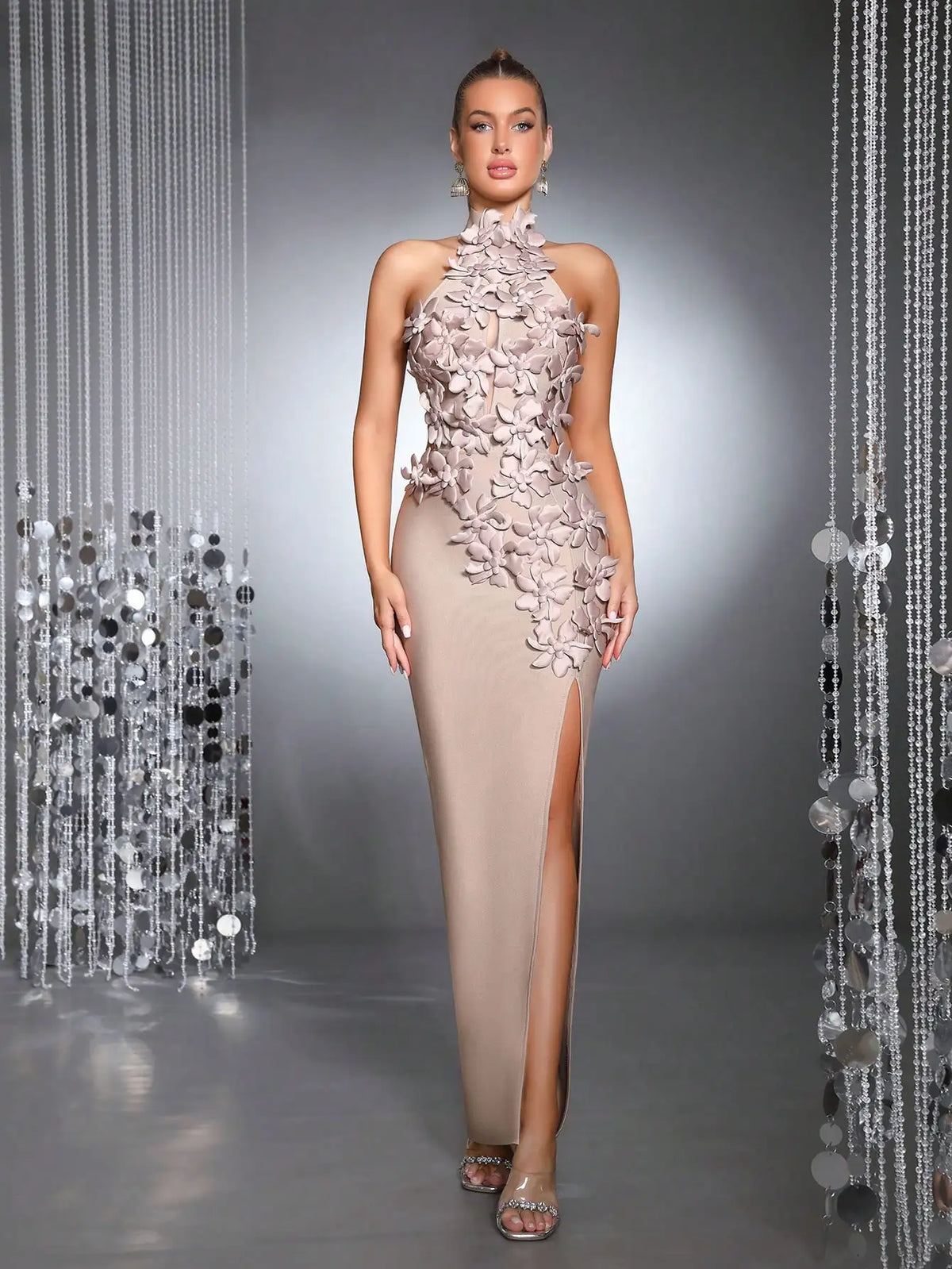Elegant 3D Floral Halter Sleeveless High Slit Bandage Maxi Dress For Evening Party Wedding