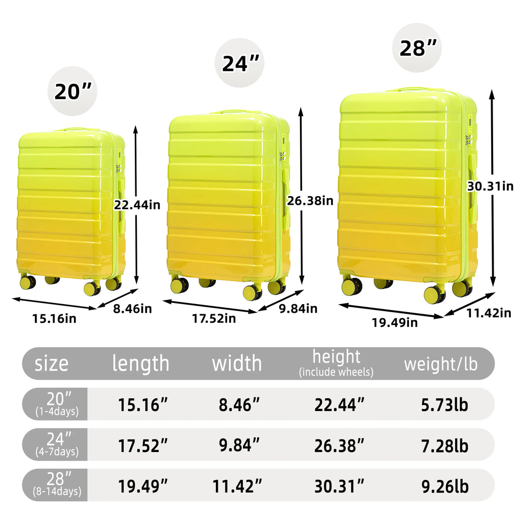 3-Piece Waterproof PC Spinner Luggage Set – 20/24/28" Carry-On Suitcase with Combination Lock Gradient Design Yellow+Green