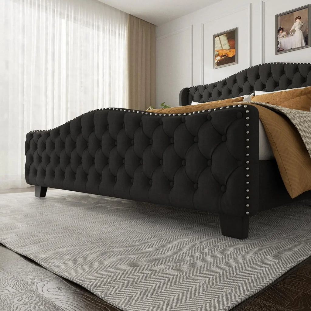 King Size Platform Bed Velvet Wingback Headboard Footboard Deep Tufted Nailhead Trim No Box Spring 51.2" Tall Black Customized