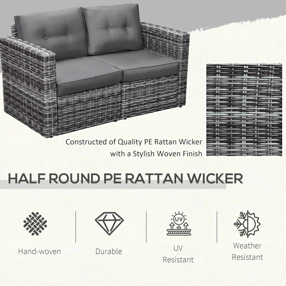 2 Piece Patio Corner Sofa Set Outdoor PE Rattan Curved Armrest Padded Cushion Balcony Garden Lawn Gray, Customized