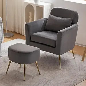 Accent Chair and Ottoman Set, Upholstered Flannelette Armchair for Living Room, Comfy Single Chair with Gold Feet & Footrest, In
