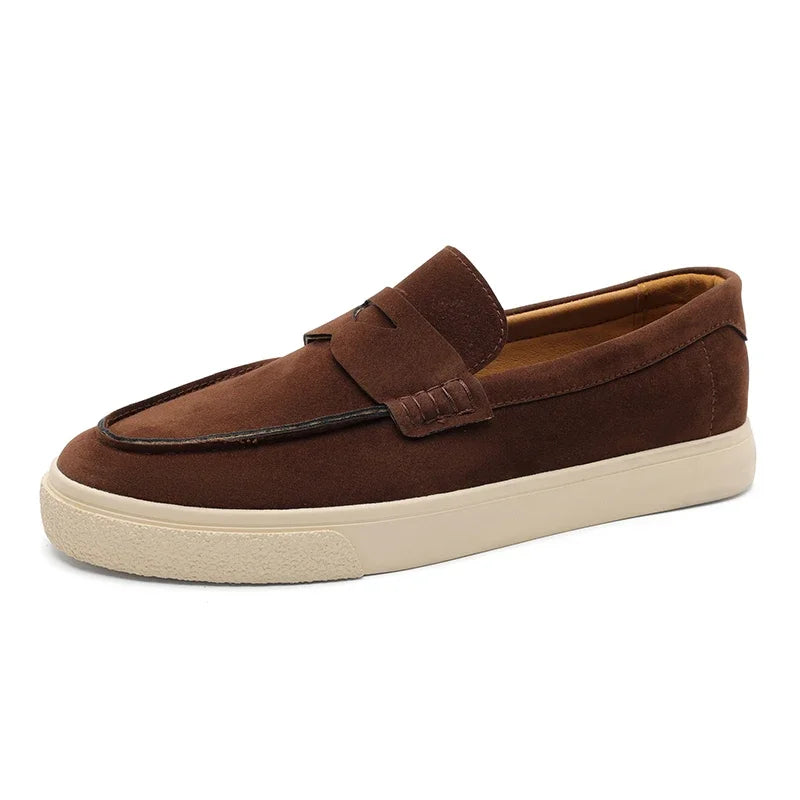 Men's Genuine Suede Moccasins: Black Round Toe, Decorative Flap, Stitching Accents, Brown Lining & Plush Comfort Fit