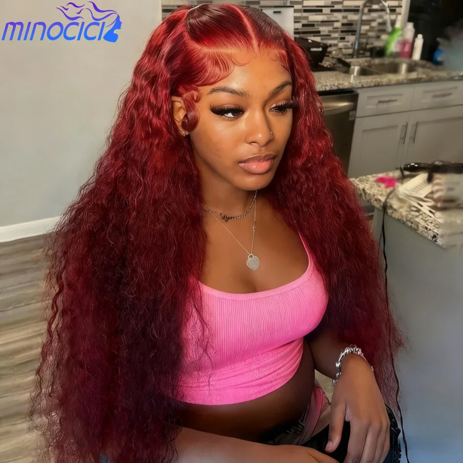Deep Wave Human Hair Wigs 99J Burgundy 13X6 Hd Lace Frontal Wig 13X4 Human Hair 250 Density Water Wave Preplucked Brazilian Wig