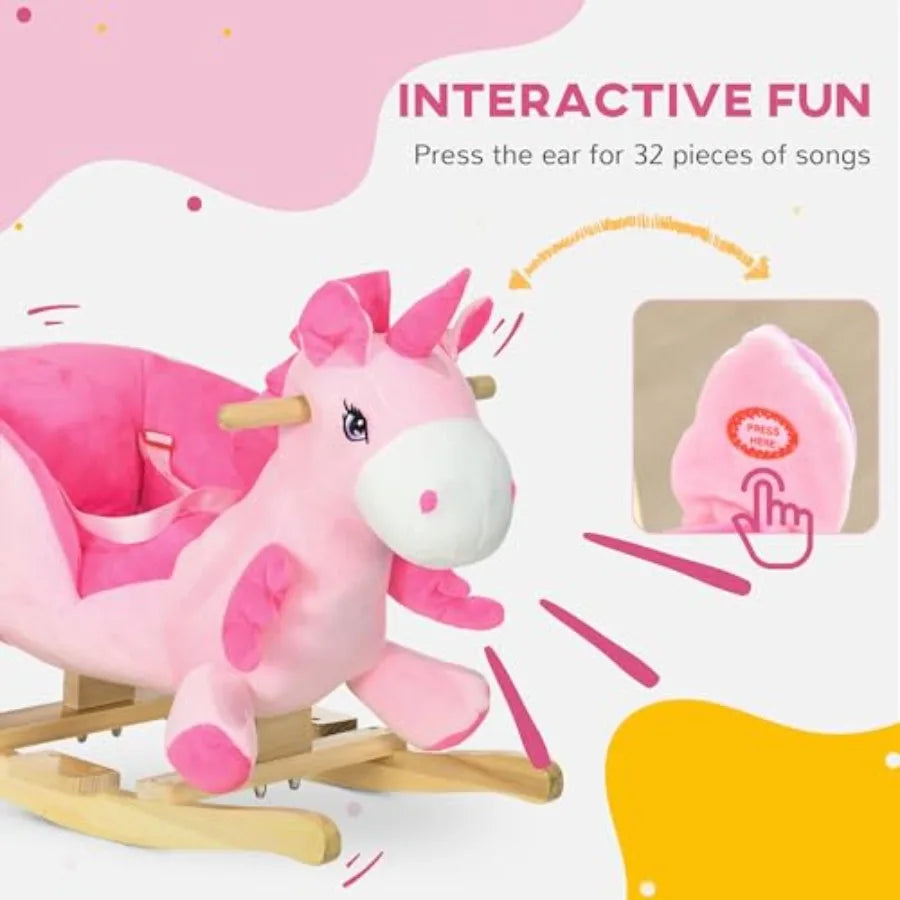 Baby Rocking Horse Ride on Unicorn with 32 Songs Toddler Rocker Toy with Wooden Base Seat Safety Belt for 1.5-3 Year Old Pink