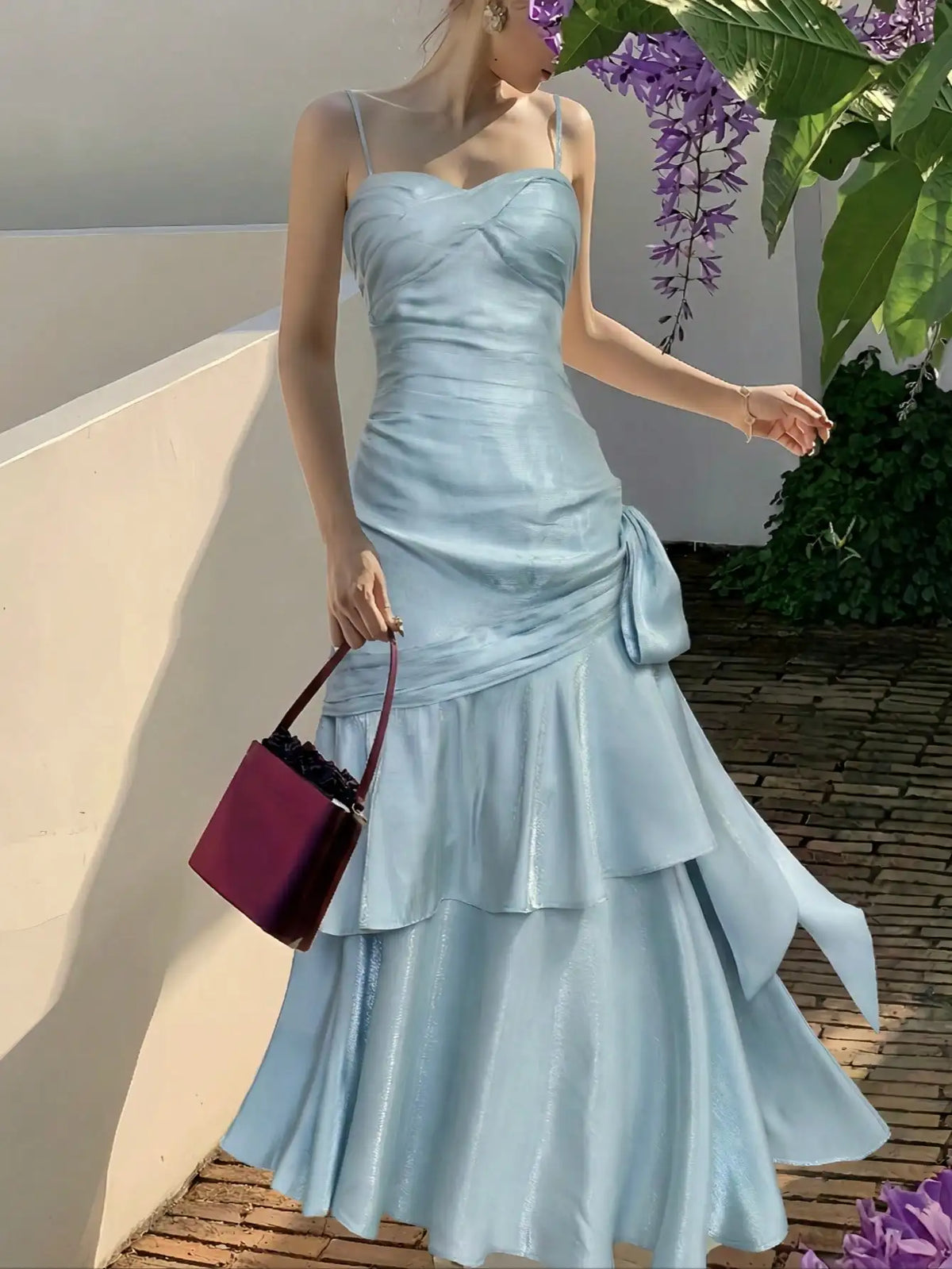 Burgundy Satin Mermaid Dress with Ruched Bodice and Spaghetti Straps for Formal Events