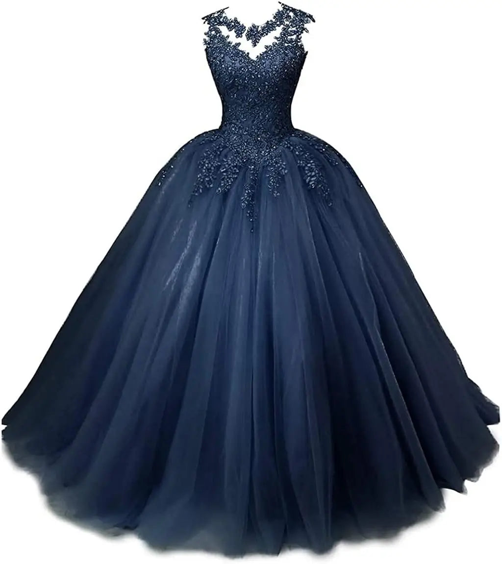 Women's Beaded Appliques Prom Dress Long Ball Gown Quinceanera Dresses Tulle Formal Sweet 16 Dress for Teens