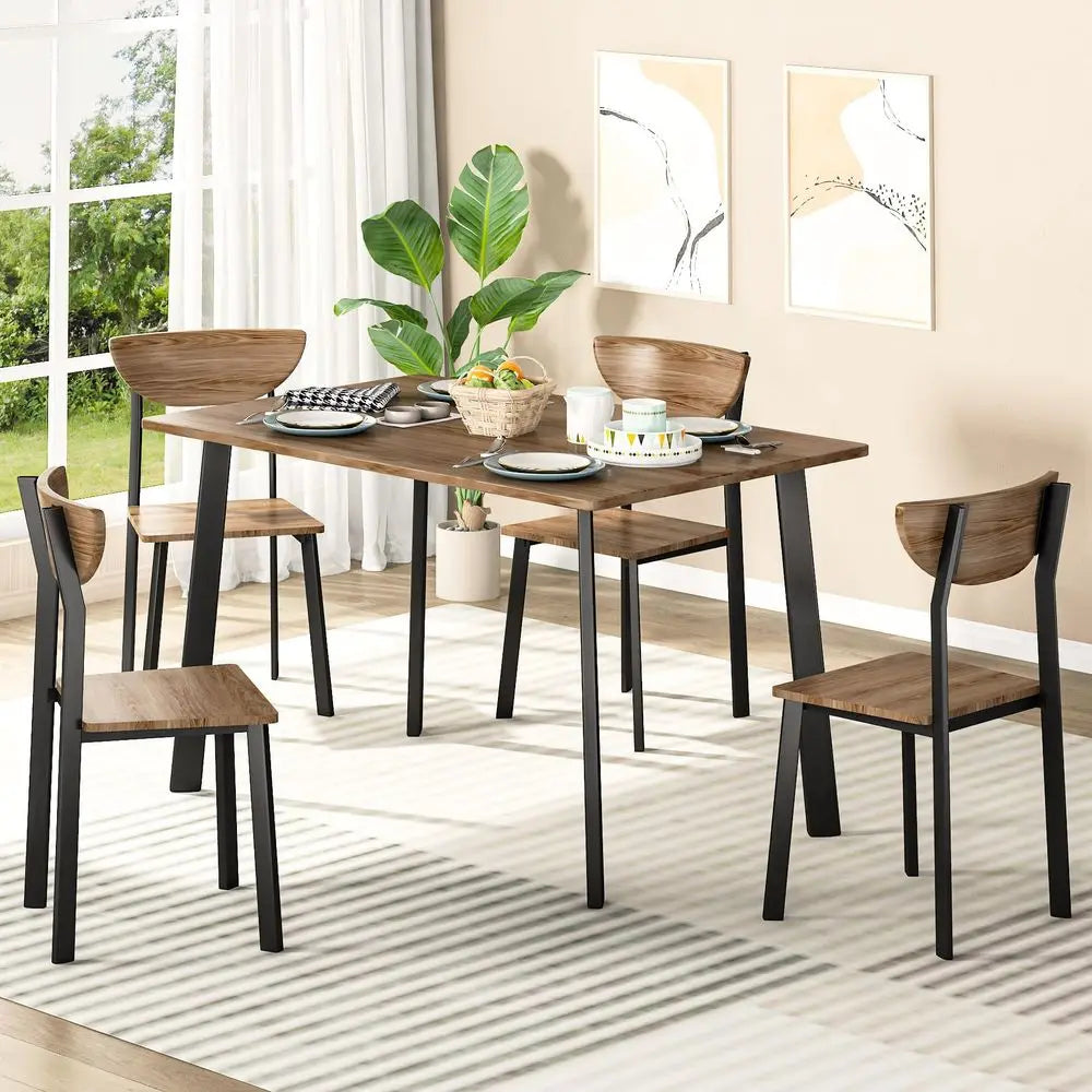 Dining Table Set for 4, Modern Rectangular 5 Piece Dining Room Table and Chairs Set, Brown Wooden Metal Table Set for Family Din