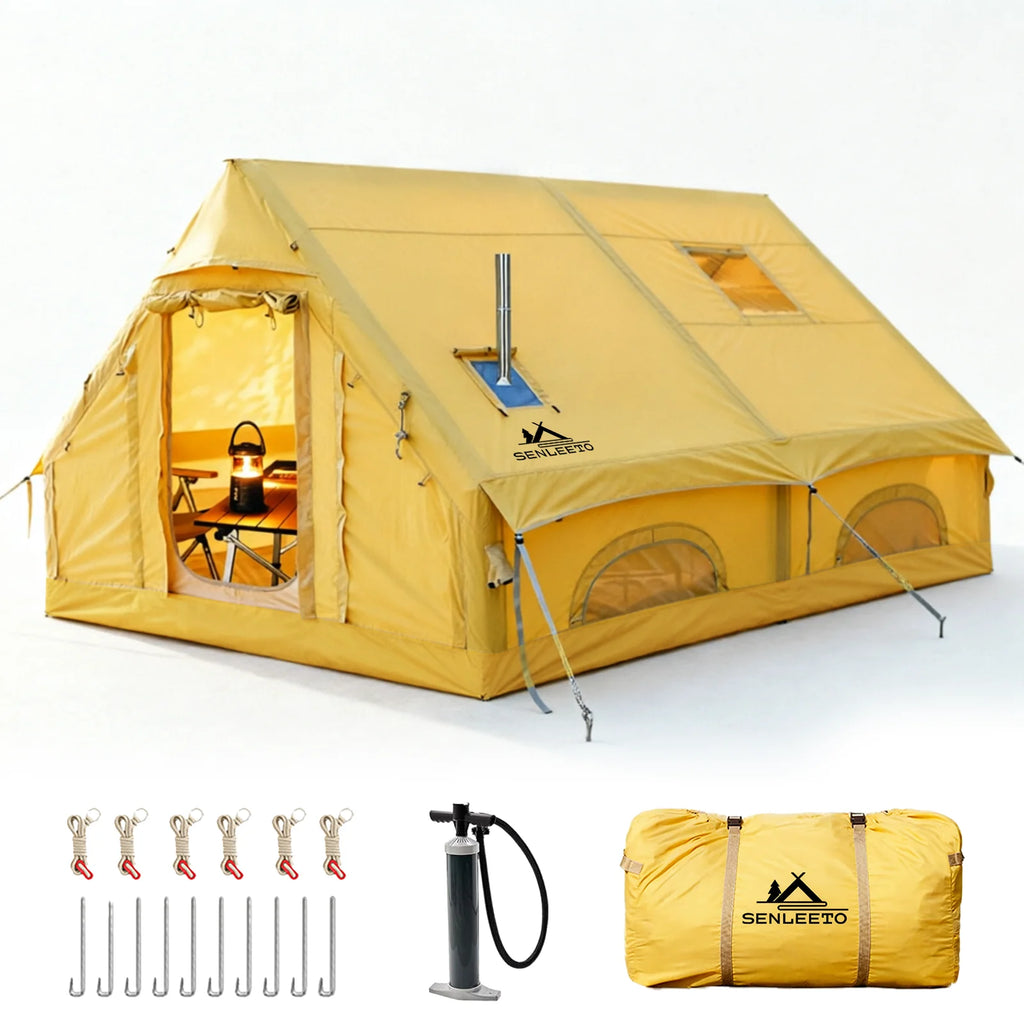 129 Sq Ft Inflatable Camping Tent Easy Setup Waterproof Oxford Air Tent House with Pump 4 Season Family Glamping Tent