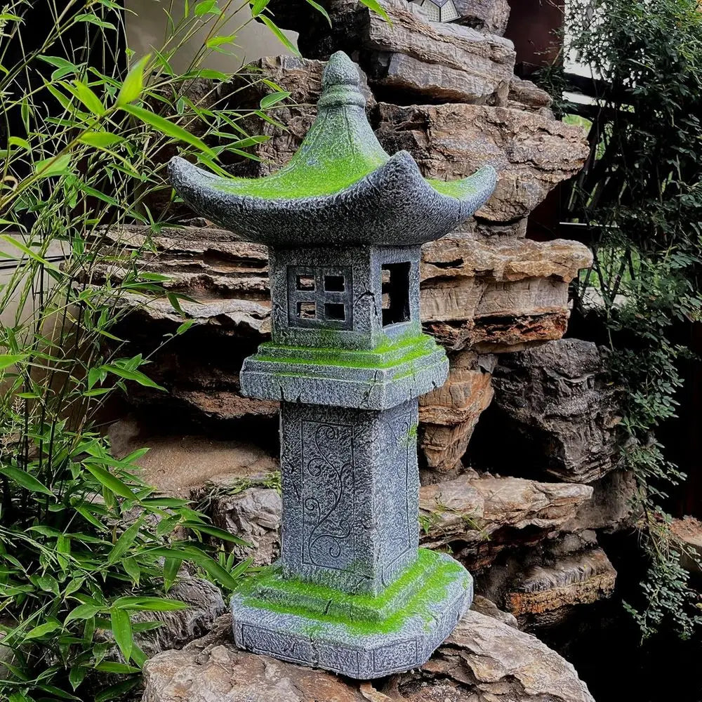 31.5’’High Japanese Pagoda Statue Moss-Covered Retro Miniature Tower Lantern Garden Decoration igurines Outdoor Asian Decoration