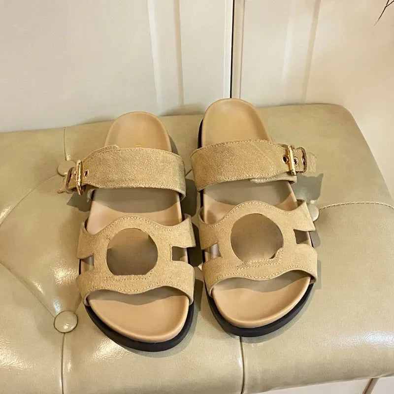 Ladies Velvety Suede Baby Goat Leather Sandals Designer Isola Line sandals Adjustable Buckle Strap Rubber Outsole Size 35 42
