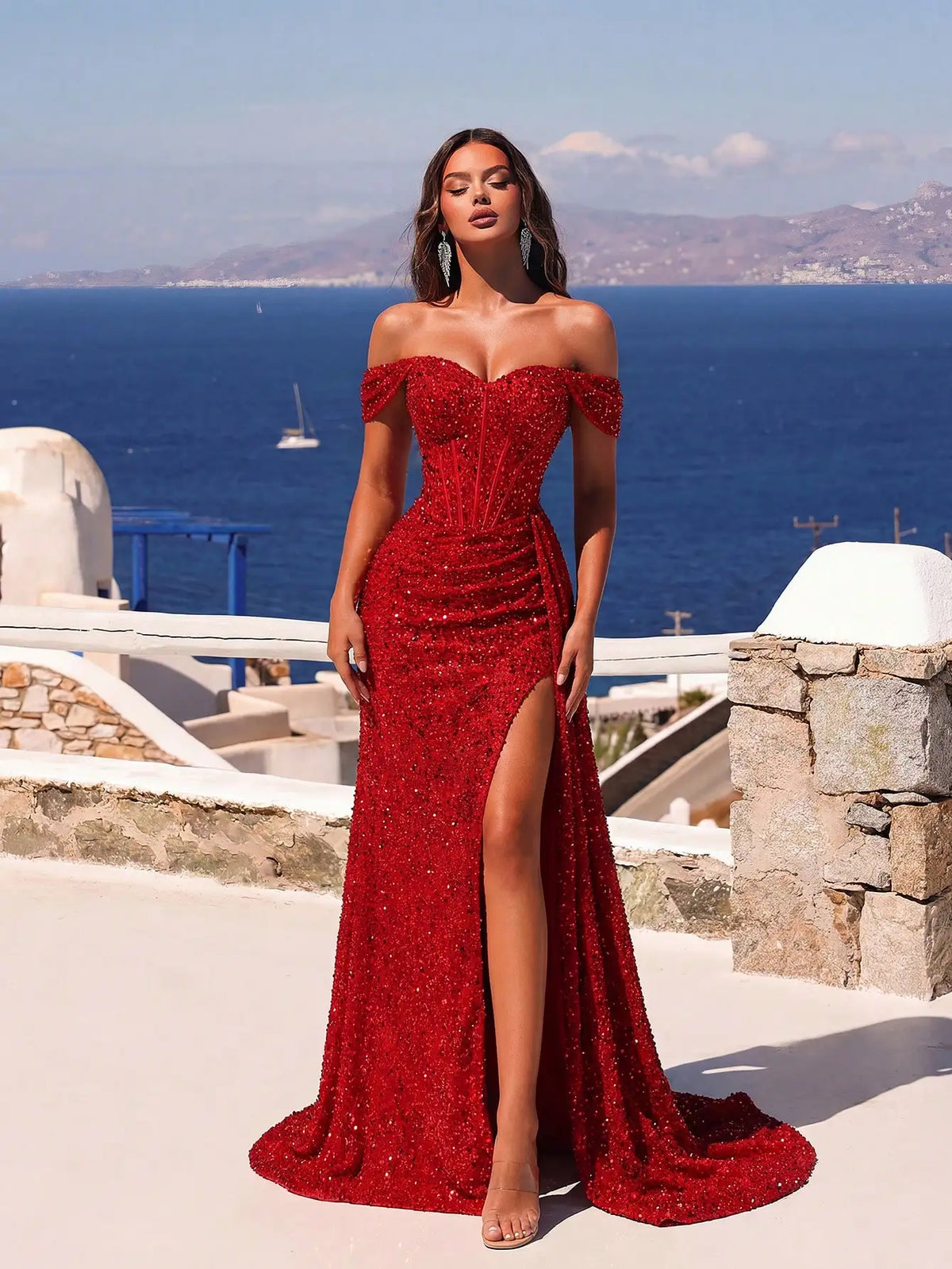 Red Glitter Off-Shoulder Corset Dress With High Front Slit, Draped Skirt, And Train For Evening Formal Events