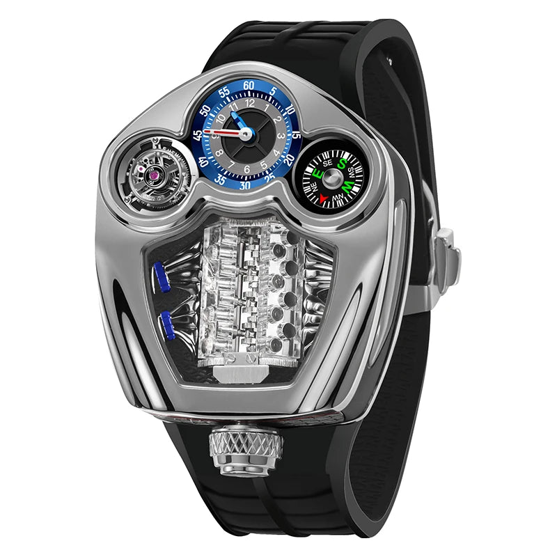 PINDU Design New Top Brand Men's Quartz Wristwatches Engine Engine Silicone Strap Compass Waterproof Watch For Men Watches