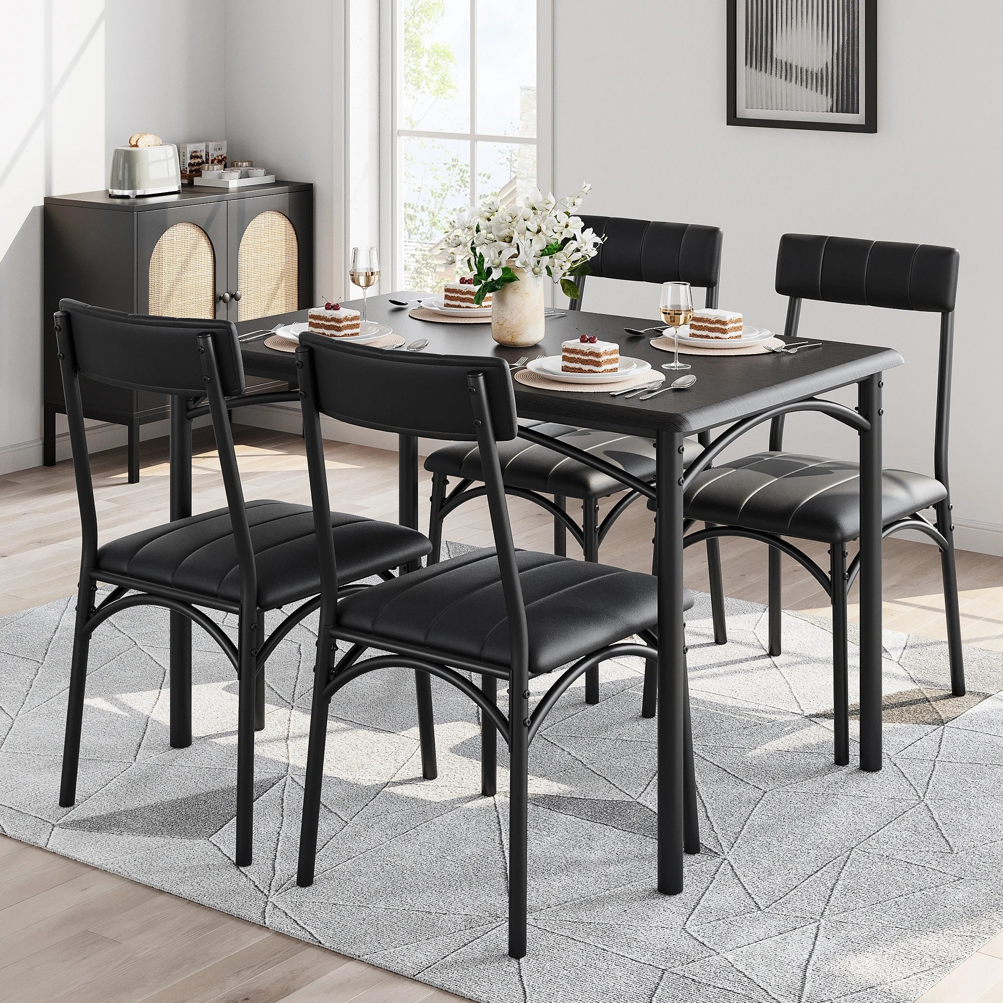 5-Piece Dining Table Set for 4, Modern Wood Kitchen Table with 4 Upholstered Chairs, Square Dinette Set for Apartment, Breakfast