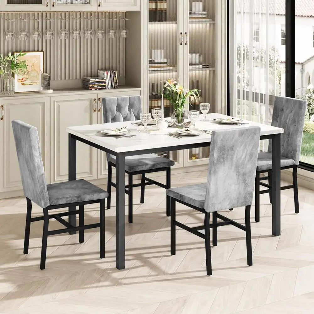 4-Piece Marble Top Dining Set with Elegant Button-Tufted Chairs