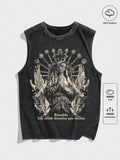 Men's Distressed Acid Wash Sleeveless Tank Top with Gothic Religious Graphic Print
