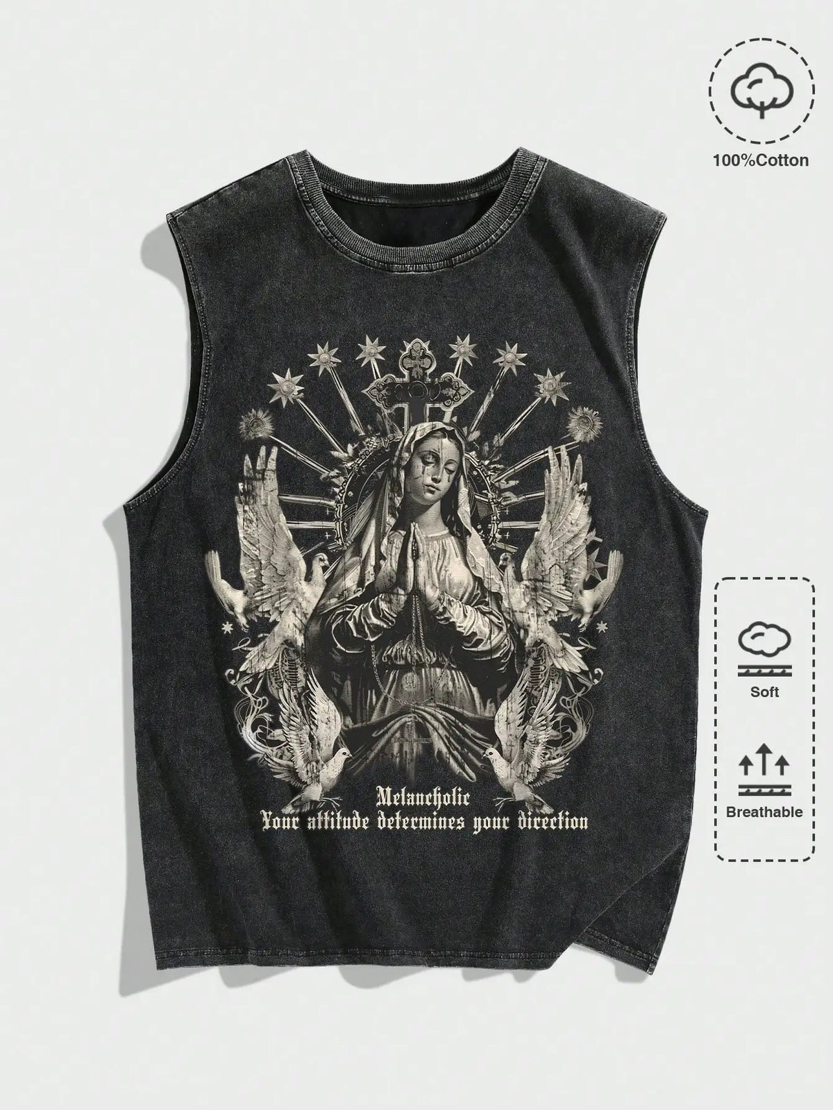 Men's Distressed Acid Wash Sleeveless Tank Top with Gothic Religious Graphic Print