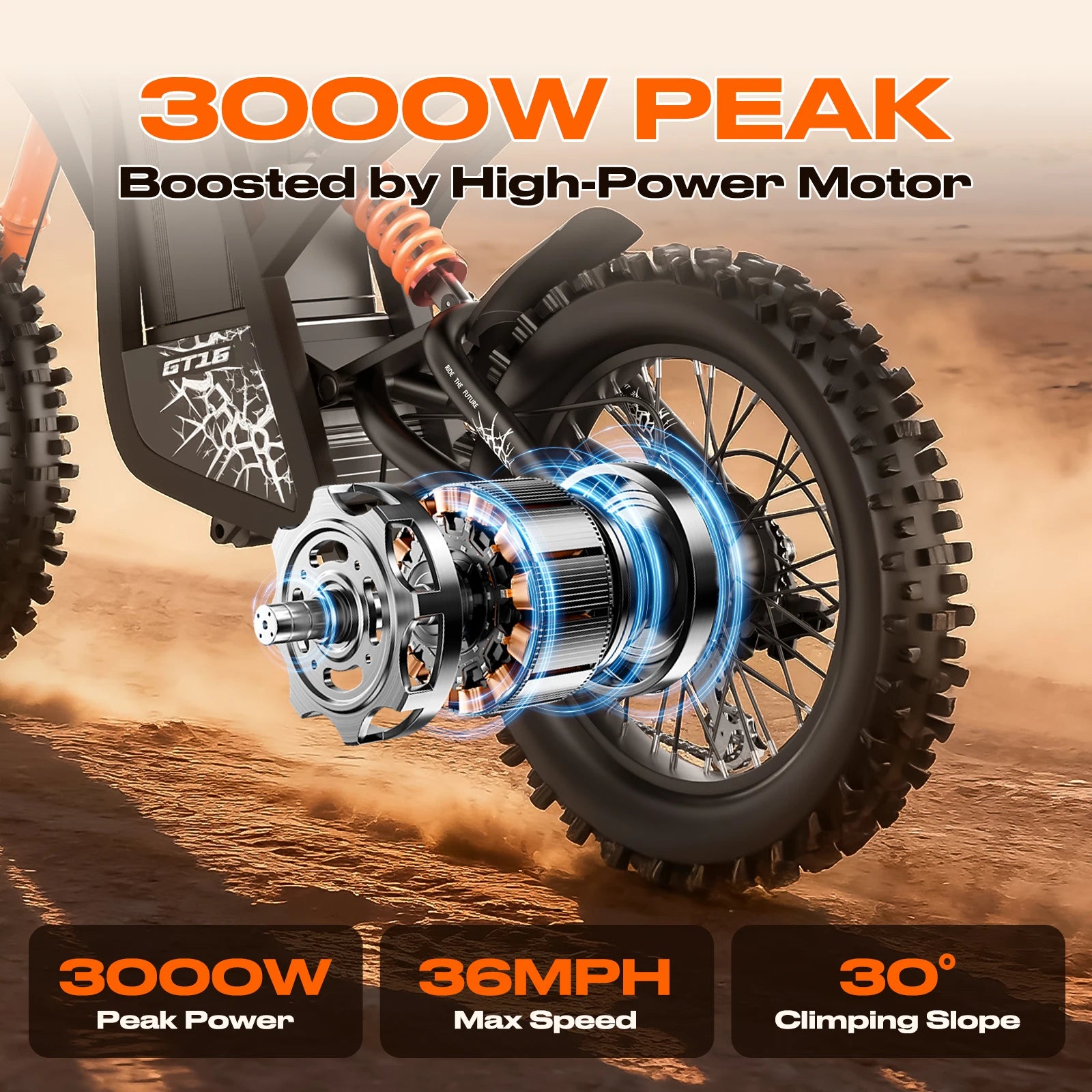 1500W Powerful GT16 Electric Motorcycle, 48V 25AH Removable Battery 65 Miles Range, 35MPH All-Terrain E-Bike for Adults,Off-Road