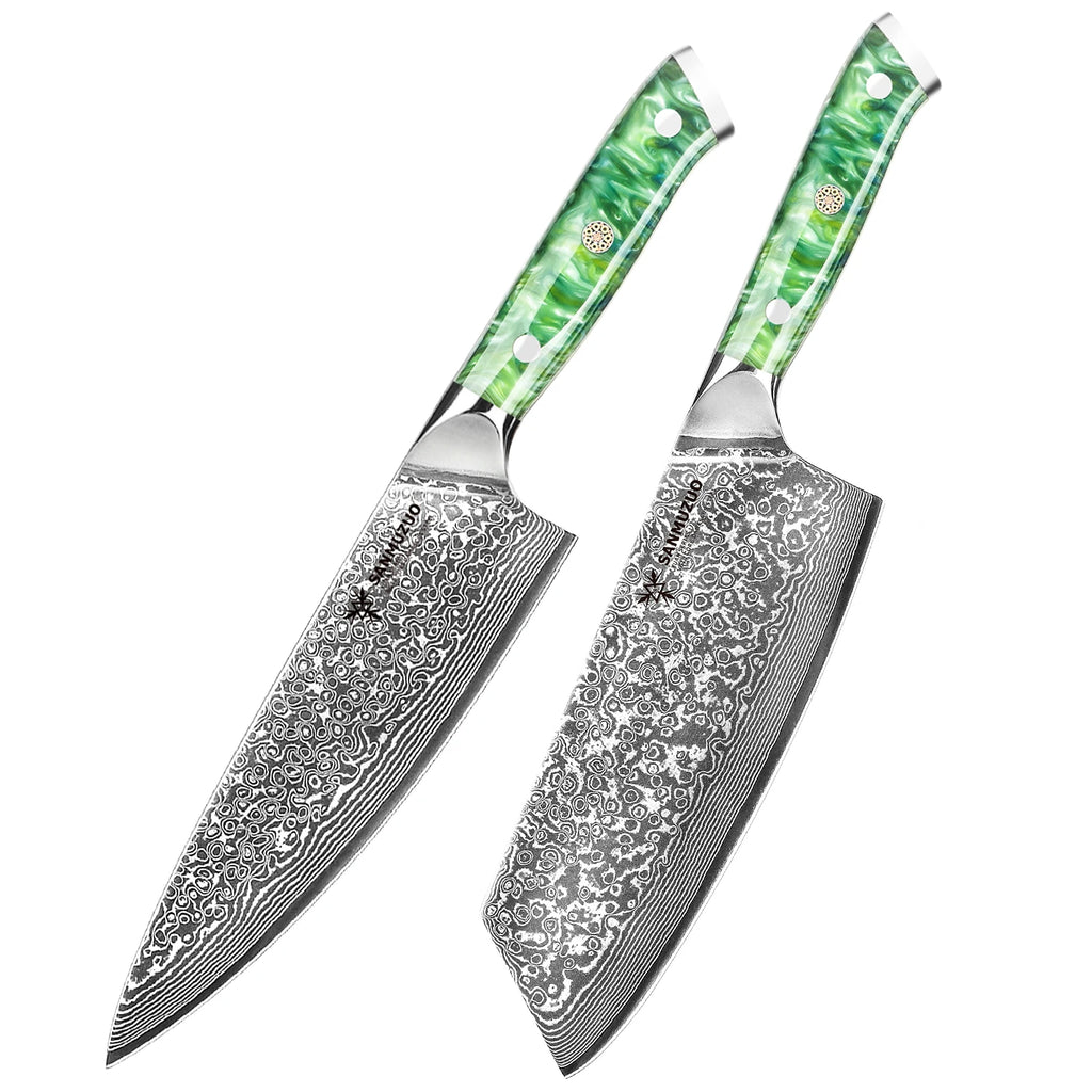SANMUZUO 2PCS Kitchen Knife Set - Xuan Series - VG10 Damascus Steel Chef Knife & Nakiri Knife, Best Gift for Chef - Resin Handle