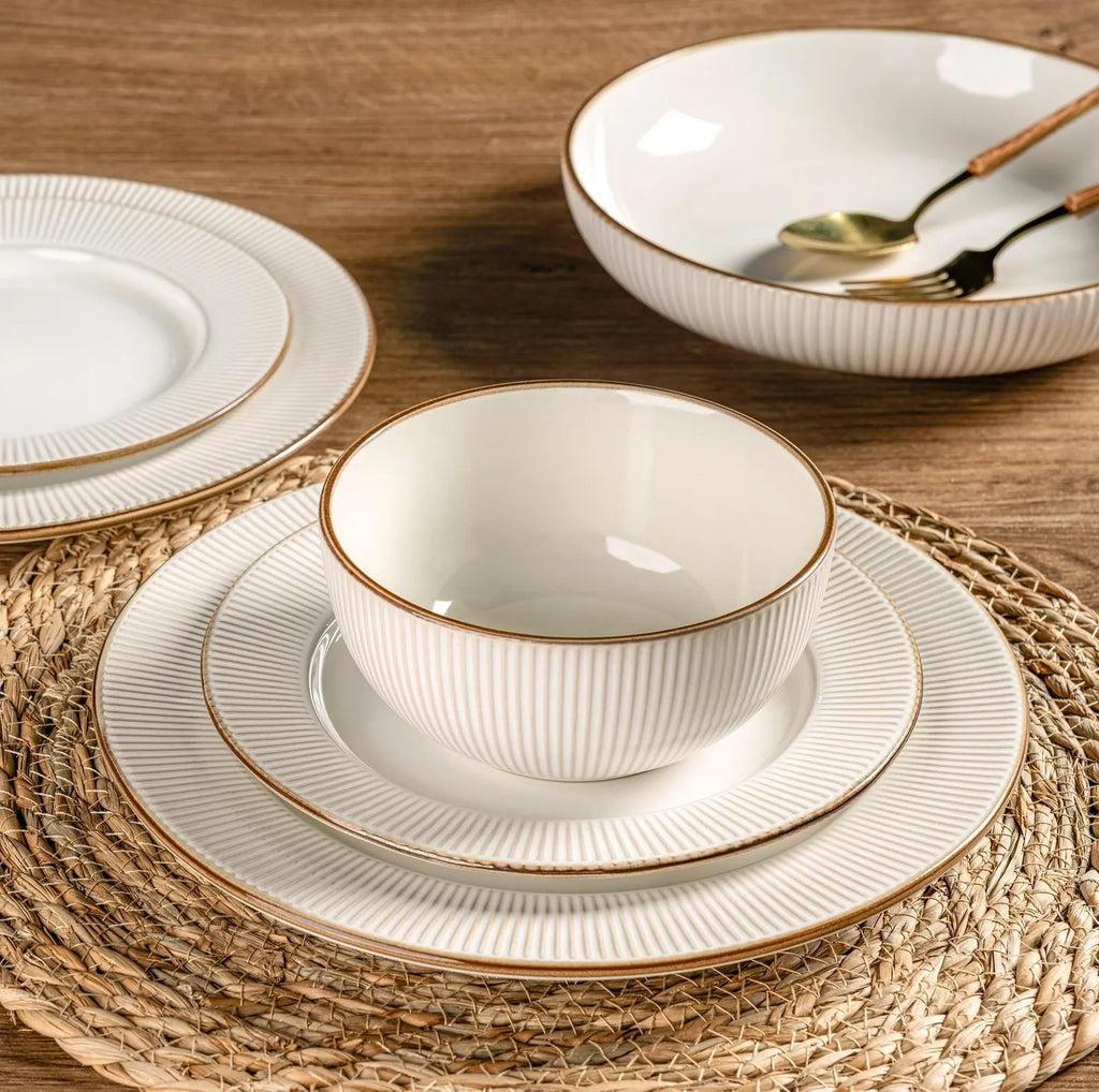 Ceramic Tableware Set12 Piece Ceramic Dinnerware Set Embossed Stoneware Plates and Bowls for 4 Perfect for Everyday Use and