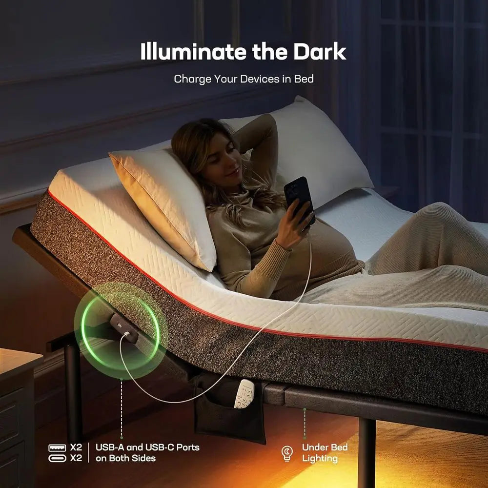 Adjustable Bed Base with Massage, USB Ports, Nightlight, Wireless Control, Quick Assembly, Multiple Height Settings