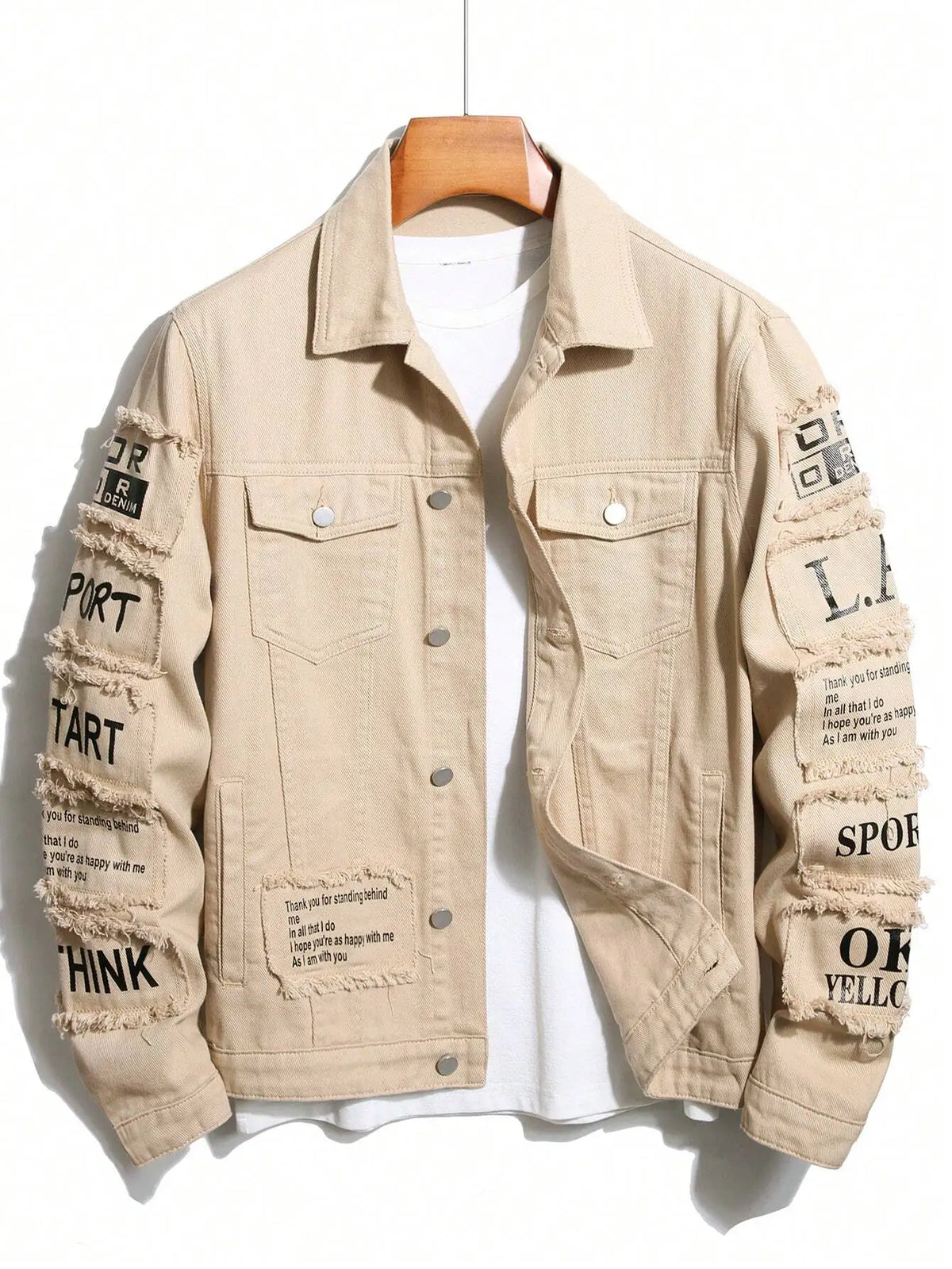 Men's Yellow Distressed Denim Jacket with Slogan Patches, Long Sleeve, Casual Fall Wear
