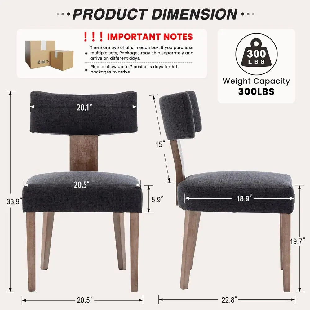 Linen Upholstered Dining Chairs Set of 6, Curved Backrest Kitchen Chairs with Hardwood Legs, Charcoal