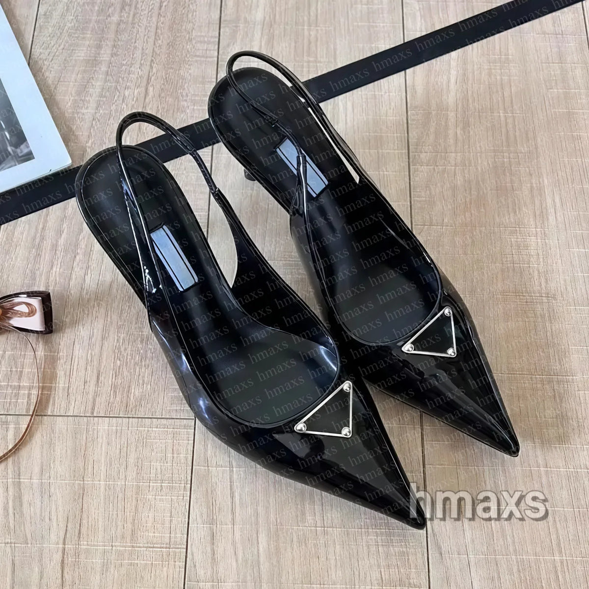 kitten Slingback Designer Sandals Women Heels Dress Shoes Pumps Black Leather Pointed Toe Sandals 3.5CM 7.5CM White Heel Comfy F