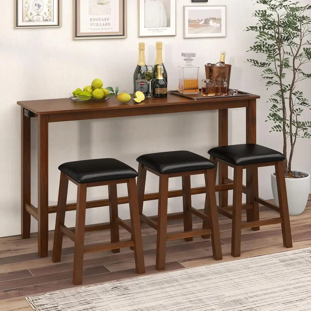 4-Piece Bar Table Set with Power Outlet, Counter Height Pub Table with 3 PVC Leather Padded Stools, Rustic Kitchen & Dining Room