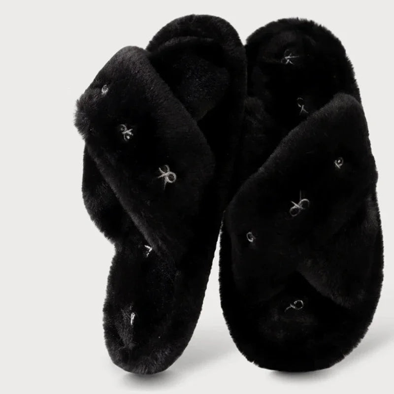Bowknot Embroidery Plush Slippers Women Fashion Cross Strap Indoor Cotton Slides Woman Flat Heel Home Furry Slippers Mujer