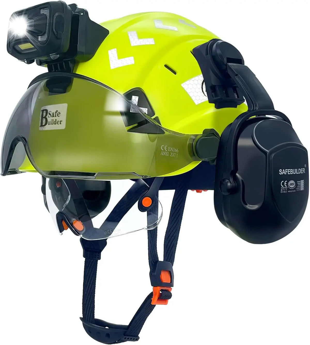 Lightweight Vented Safety Helmet with Visor, Headlight & Ear Muffs for Construction Work, ANSI Z89.1 Approved