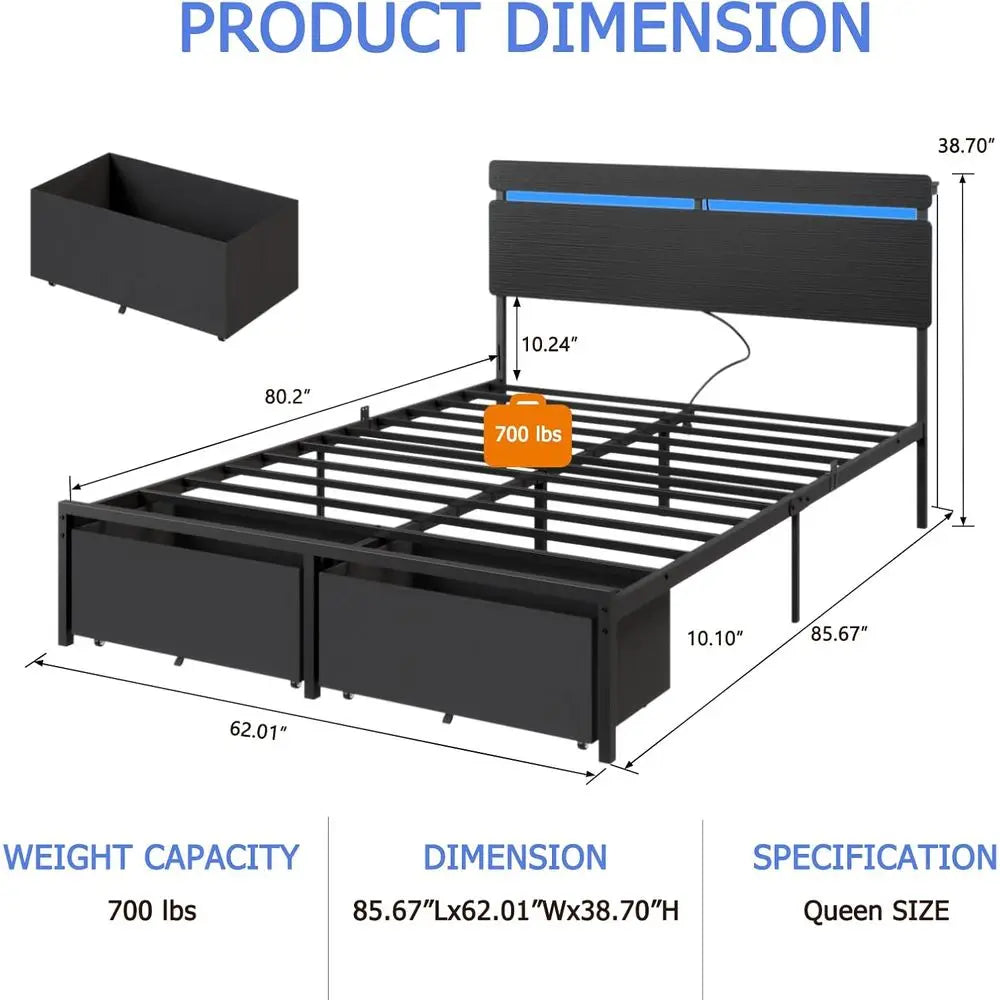 Queen Size Bed with Wooden Slat Support, Black Platform Design, Storage Drawers, Built-in Charging Station, LED Lighting, Metal