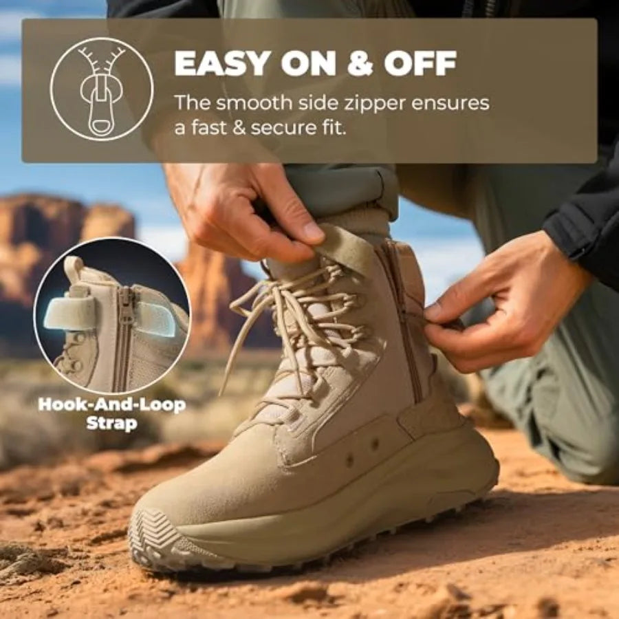 NORTIV Men's Wide Toe Box Work Military Tactical Boots Barefoot Hiking Low Drop Leather Side Zipper Motorcycle Combat Boots Pik