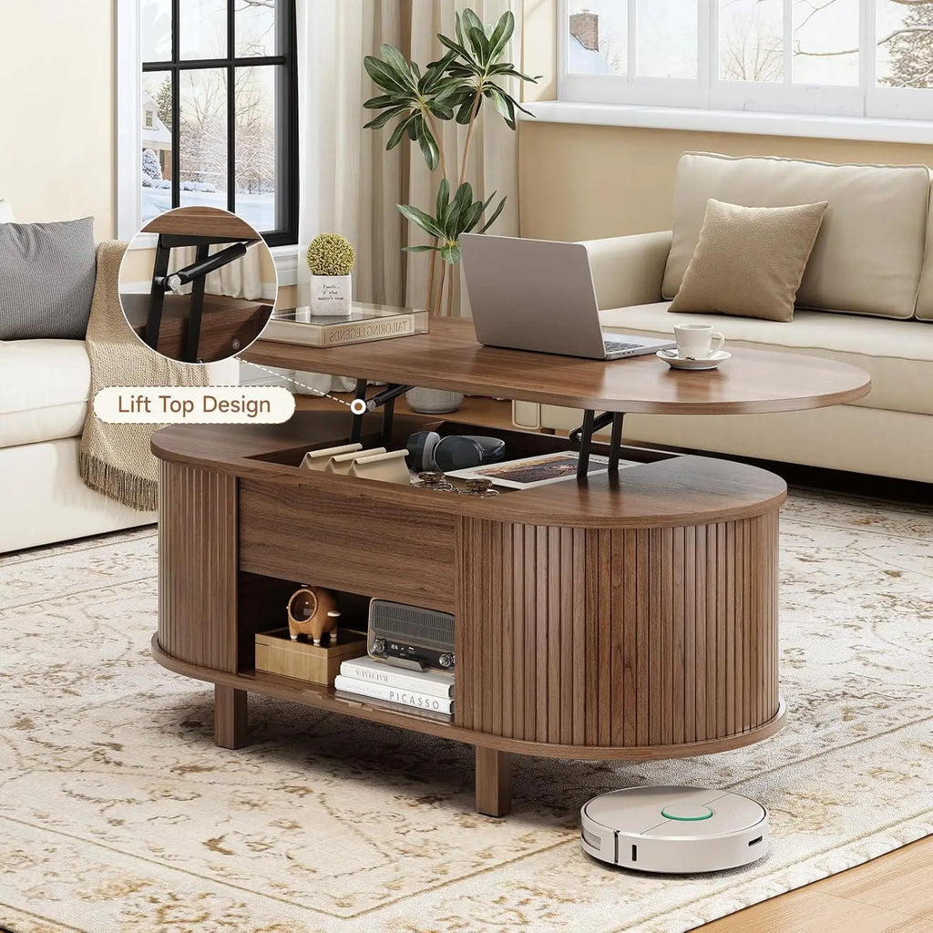 43.3" Oval Lift Top Coffee Table with Hidden Compartment, Fluted Wood Coffee Table with Sliding Door,Customized
