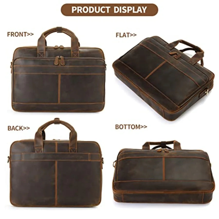 Full Grain Leather Briefcase for Men Business Messenger Bag Laptop Case Fits 15.6 Inch Laptop Brown Premium Quality Durable Des