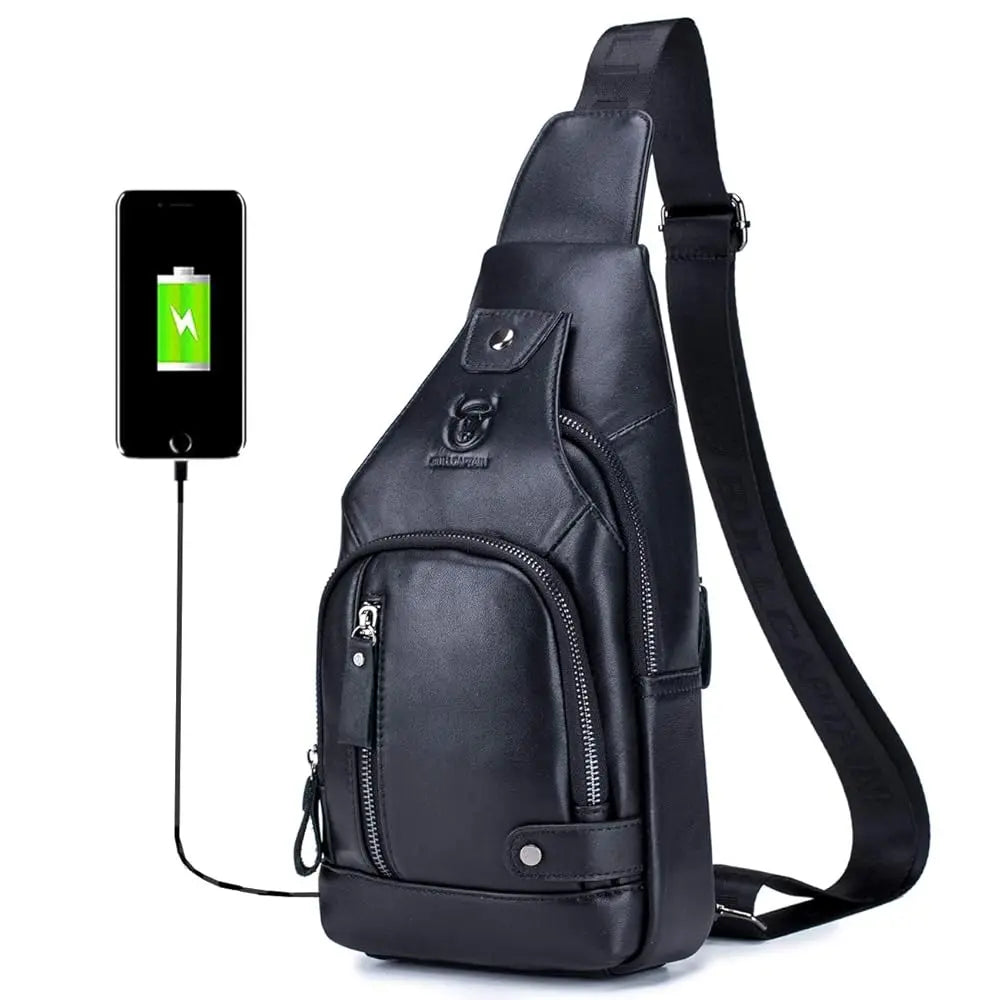 Genuine Leather Sling Bag with USB Charging Port Multi-pocket Chest Bag for Men Hiking Travel Daypack XB-129