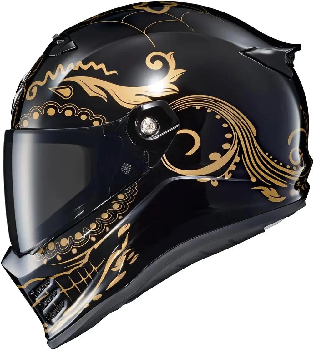 Covert FX Full Face Adult Motorcycle Helmet Street Fighter Style-Bluetooth Ready Speaker Pockets DOT ECE El Malo (Gold/Gloss Bla