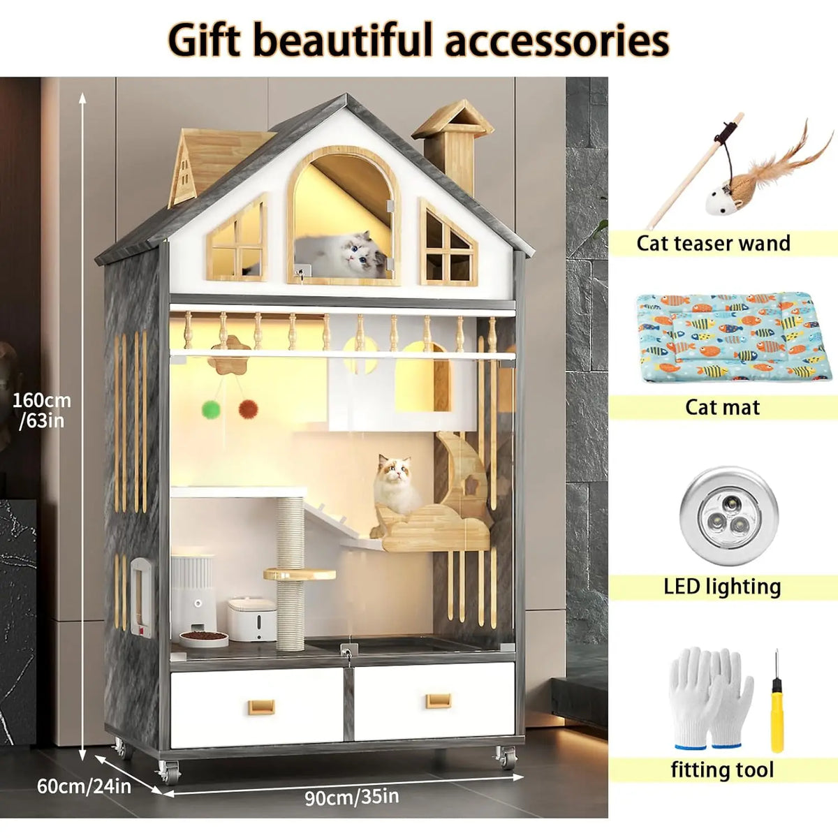Large Wooden Cat House Cage Enclosure on Wheels with Scratching Post Litter Box Drawer Indoor 63x35x24, Customized