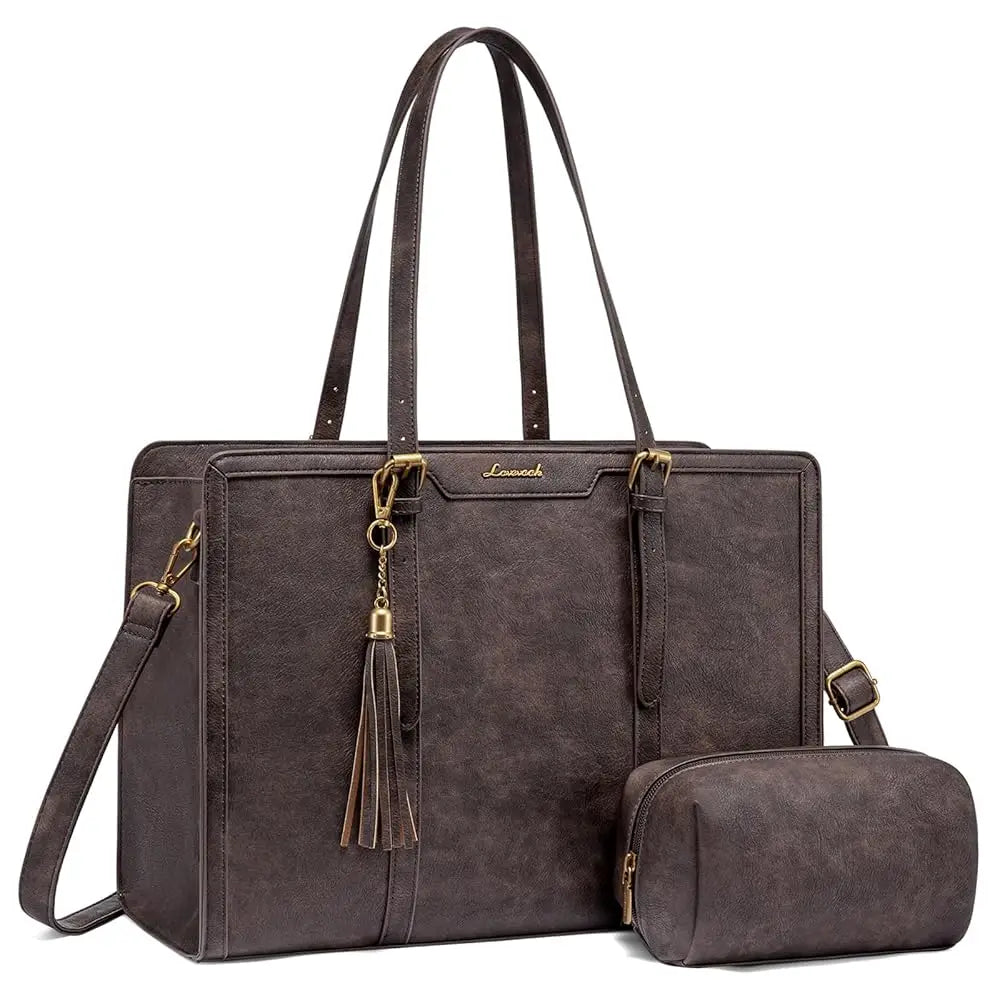 Laptop Bag for Women Vintage Leather Work Tote 15.6 inch Large Capacity Computer Bag with Clutch Purse for Teacher,Office,Ca