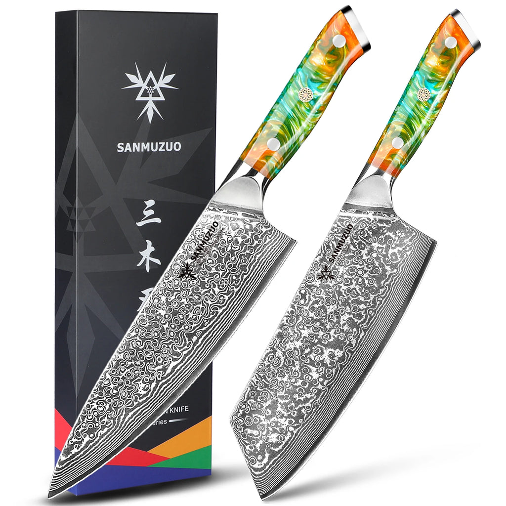 SANMUZUO 2PCS Kitchen Knife Set - Xuan Series - VG10 Damascus Steel Chef Knife & Nakiri Knife, Best Gift for Chef - Resin Handle