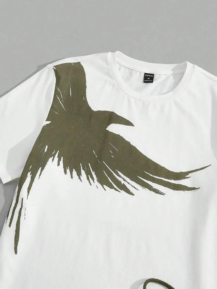 Men's 2-Piece Casual Set: White Short Sleeve Tee with Bird Graphic + Olive Drawstring Joggers