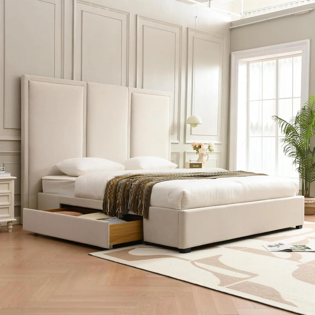 King Size Upholstered Platform Bed Frame with 64-inch High Headboard Storage Drawers Wood Slat Support No Noise Customized
