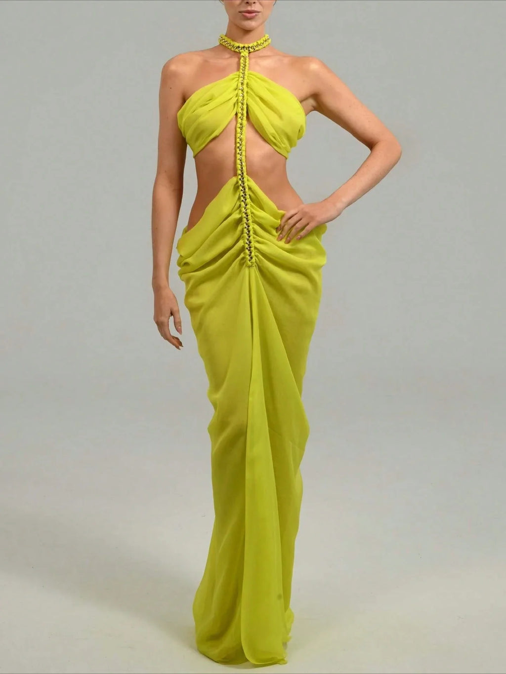 Vibrant Yellow Backless Halter Chiffon Maxi Dress With Chain Strap And Side Slits For Beach Party Evening Wear