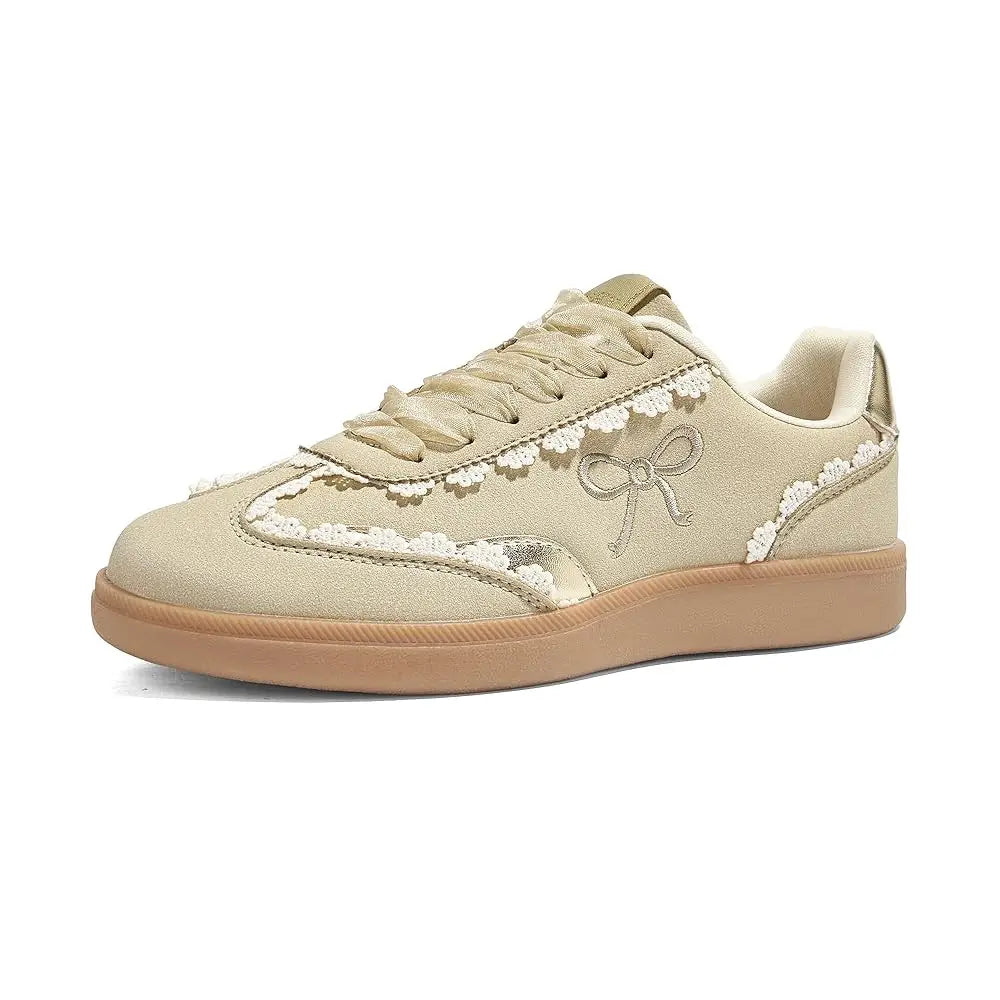Women’s Lace Detail Casual Sneakers Organza Ribbon Lace-Up Fashion Vintage Gum Sole Trendy Cute Shoes
