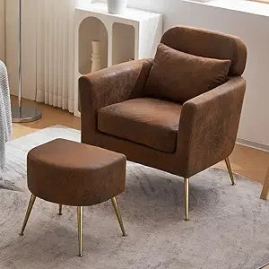 Accent Chair and Ottoman Set, Upholstered Flannelette Armchair for Living Room, Comfy Single Chair with Gold Feet & Footrest, In