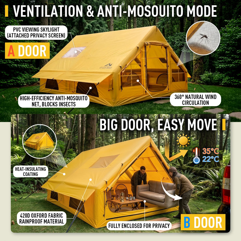 129 Square Feet Inflatable Camping Tent 6-8 Person,Waterproof Oxford Inflatable Tent House with Hand Pump for All Season