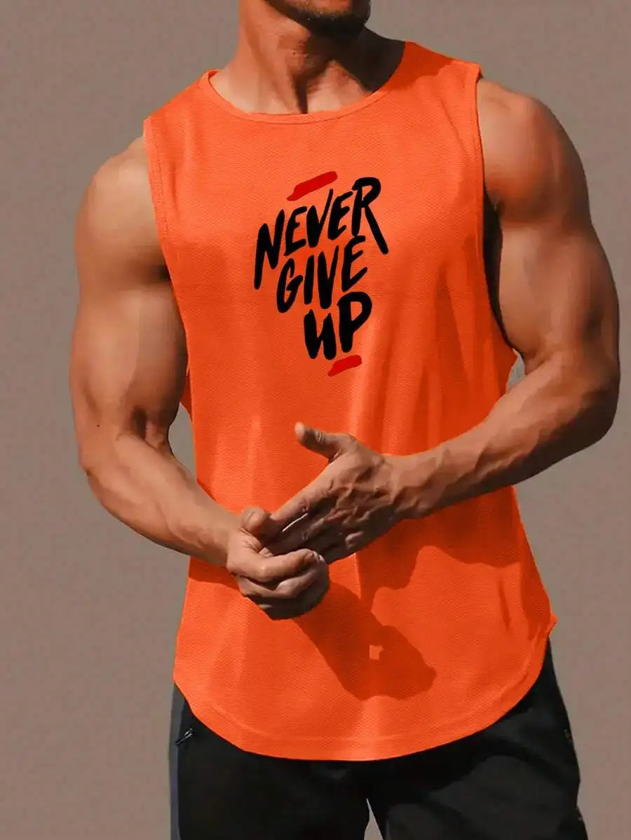Men's Orange Motivational Slogan Print Round Neck Casual Tank Top