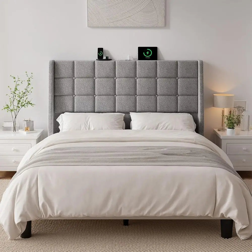 Queen Size Upholstered Bed with Charging Station, Linen Wingback Headboard, Storage, Solid Wood Bed Frame, Light Grey