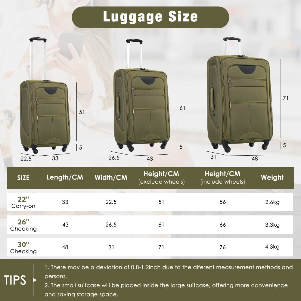 Lightweight Softshell Upright 3PCS Expandable Softside Luggage Set Spinner Wheels Travel Suitcase 22/26/30 Inch
